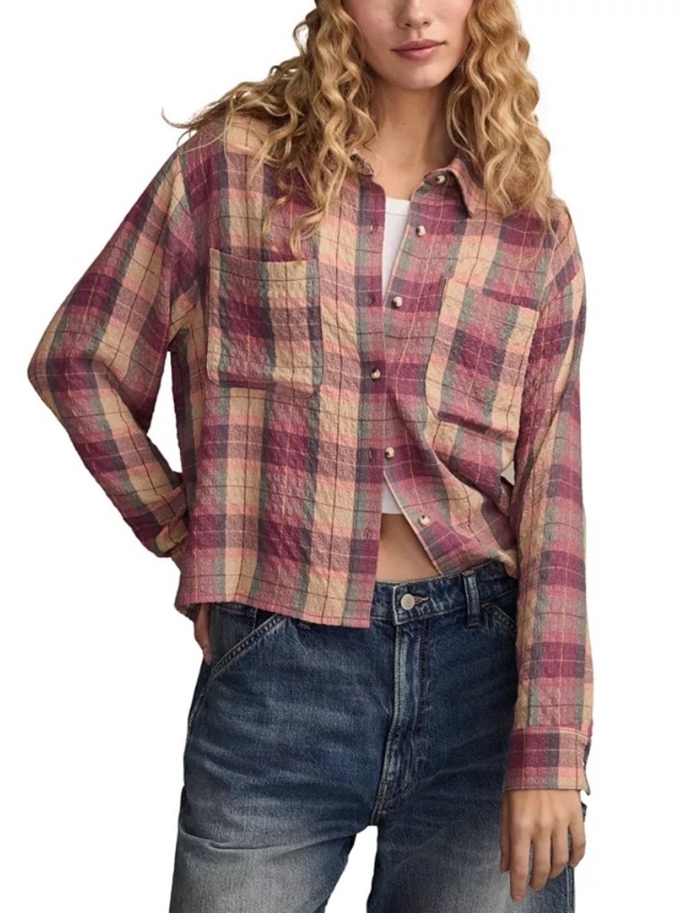 Lucky Brand Women's Cropped Plaid Drapey Long-Sleeve Shirt Large